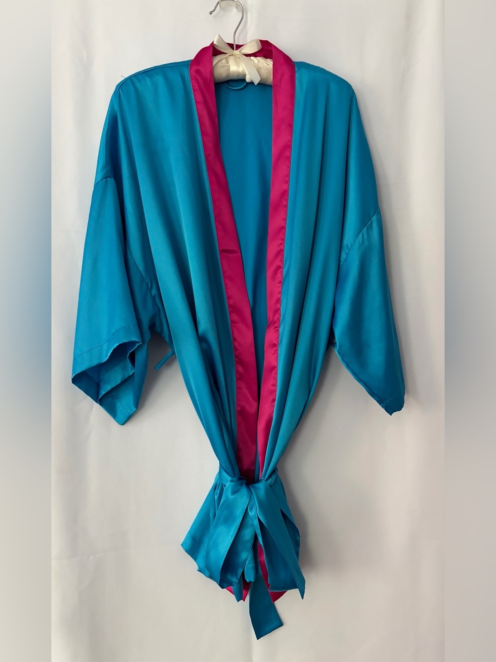 VINTAGE Victoria's Secret Teal Satin Robe with Hot Pink Trim
